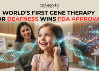 World’s First Gene Therapy for Deafness Wins FDA Approval NEWS World’s First Gene Therapy for Deafness Wins FDA Approval. An emotionally powerful, 1280x720 featured image for a news article titled "WORLD’S FIRST GENE THERAPY FOR DEAFNESS WINS FDA APPROVAL." At the top center sits the black Biotecnika logo. The central focus is a young girl with an expression of pure joy and wonder, touching her ear as a glowing, ethereal DNA double helix transforms into vibrant, colorful musical notes and sound waves flowing toward her. In the soft-focus background, a mother watches with tears of happiness, and an FDA certificate is visible on a desk. The overall scene blends medical breakthrough with human emotion in a warm, clinical yet hopeful setting.