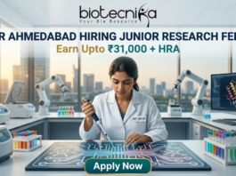 NIPER Ahmedabad Hiring Junior Research Fellow Earn Upto ₹31,000 + HRA Apply Fast! A professional featured image for a Junior Research Fellow (JRF) job opening at NIPER Ahmedabad, created for Biotecnika. The scene features a female scientist in a white lab coat using a pipette over a glowing, futuristic digital workbench displaying molecular structures. The laboratory is equipped with advanced technology, including robotic arms and high-end centrifuges, with a modern city skyline visible through large windows in the background. The bold heading "NIPER AHMEDABAD HIRING JUNIOR RESEARCH FELLOW" and the tagline "Earn Upto ₹31,000 + HRA" are prominently displayed, with an "Apply Now" button at the bottom.