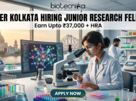 NIPER Kolkata Hiring Junior Research Fellow. Alt Text: A high-quality, professional featured image for a "Junior Research Fellow" job opening at NIPER Kolkata. The scene features a focused female scientist in a white lab coat and safety glasses working in a futuristic laboratory. Through the large windows, iconic Kolkata landmarks like the Victoria Memorial and the Howrah Bridge are visible at sunset. The image includes the Biotecnika logo at the top center, the bold headline "NIPER KOLKATA HIRING JUNIOR RESEARCH FELLOW," and a tagline stating "Earn Upto ₹37,000 + HRA." A prominent "APPLY NOW" button is positioned at the bottom center.