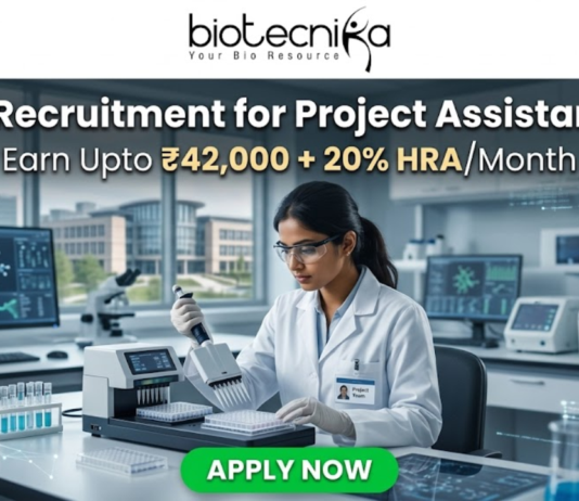 NIPER Recruitment for Project Assistant Role | Earn Upto ₹42,000. A scientist using an automated liquid handling system in a modern research facility. Header: "NIPER Recruitment for Project Assistant Role" with the HRA salary tagline. Biotecnika logo at top, green "Apply Now" button.