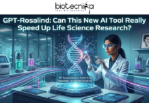 GPT-Rosalind: OpenAI’s AI Tool for Life Science Research. A digital illustration with high-tech and futuristic themes serves as an article header. At the top, the main headline reads: "GPT-Rosalind: Can This New AI Tool Really Speed Up Life Science Research?". Below this text, a South Asian female scientist, wearing a lab coat, clear futuristic goggles, and gloves, sits at a control console. She gestures with both hands, manipulating a large, glowing holographic representation of a DNA double helix that is resolving from data points. The surrounding laboratory environment features sleek glass walls with complex chemical structure diagrams, data plots, and smaller labels like 'GPT-R Analysis'. Shelves in the background hold equipment, beakers with glowing liquids (green and purple), and a framed portrait of Rosalind Franklin. Streams of binary code and data lines flow across the floor and table from left to right. On the central control panel, smaller glowing text captions read: "GPT-Rosalind Analysis: Protein-Drug Interactions - Accelerated Solving 75x" and "GPT-Rosalind is here." The overall scene depicts the fusion of advanced AI technology and traditional biological research to accelerate scientific discovery.
