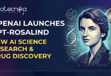 OpenAI Launches GPT-Rosalind: New AI Model for Life Science Research & Drug Discovery. A futuristic news featured image for Biotecnika titled 'OpenAI Launches GPT-Rosalind: New AI Science Research & Drug Discovery.' The right side of the image features a stylized, high-tech portrait of Rosalind Franklin, her face integrated with glowing digital circuit patterns. The background includes a luminous DNA double helix, molecular structures, and a reference to Photo 51, all set against a professional dark blue and purple gradient.