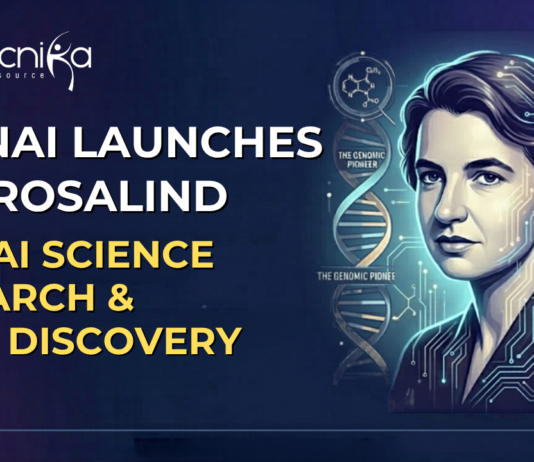 OpenAI Launches GPT-Rosalind: New AI Model for Life Science Research & Drug Discovery. A futuristic news featured image for Biotecnika titled 'OpenAI Launches GPT-Rosalind: New AI Science Research & Drug Discovery.' The right side of the image features a stylized, high-tech portrait of Rosalind Franklin, her face integrated with glowing digital circuit patterns. The background includes a luminous DNA double helix, molecular structures, and a reference to Photo 51, all set against a professional dark blue and purple gradient.