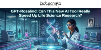 GPT-Rosalind: Can This New AI Tool Really Speed Up Life Science Research? GPT-Rosalind: OpenAI’s AI Tool for Life Science Research. A digital illustration with high-tech and futuristic themes serves as an article header. At the top, the main headline reads: "GPT-Rosalind: Can This New AI Tool Really Speed Up Life Science Research?". Below this text, a South Asian female scientist, wearing a lab coat, clear futuristic goggles, and gloves, sits at a control console. She gestures with both hands, manipulating a large, glowing holographic representation of a DNA double helix that is resolving from data points. The surrounding laboratory environment features sleek glass walls with complex chemical structure diagrams, data plots, and smaller labels like 'GPT-R Analysis'. Shelves in the background hold equipment, beakers with glowing liquids (green and purple), and a framed portrait of Rosalind Franklin. Streams of binary code and data lines flow across the floor and table from left to right. On the central control panel, smaller glowing text captions read: "GPT-Rosalind Analysis: Protein-Drug Interactions - Accelerated Solving 75x" and "GPT-Rosalind is here." The overall scene depicts the fusion of advanced AI technology and traditional biological research to accelerate scientific discovery.