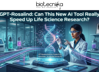 GPT-Rosalind: Can This New AI Tool Really Speed Up Life Science Research? GPT-Rosalind: OpenAI’s AI Tool for Life Science Research. A digital illustration with high-tech and futuristic themes serves as an article header. At the top, the main headline reads: "GPT-Rosalind: Can This New AI Tool Really Speed Up Life Science Research?". Below this text, a South Asian female scientist, wearing a lab coat, clear futuristic goggles, and gloves, sits at a control console. She gestures with both hands, manipulating a large, glowing holographic representation of a DNA double helix that is resolving from data points. The surrounding laboratory environment features sleek glass walls with complex chemical structure diagrams, data plots, and smaller labels like 'GPT-R Analysis'. Shelves in the background hold equipment, beakers with glowing liquids (green and purple), and a framed portrait of Rosalind Franklin. Streams of binary code and data lines flow across the floor and table from left to right. On the central control panel, smaller glowing text captions read: "GPT-Rosalind Analysis: Protein-Drug Interactions - Accelerated Solving 75x" and "GPT-Rosalind is here." The overall scene depicts the fusion of advanced AI technology and traditional biological research to accelerate scientific discovery.