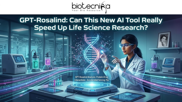 GPT-Rosalind: OpenAI’s AI Tool for Life Science Research. A digital illustration with high-tech and futuristic themes serves as an article header. At the top, the main headline reads: "GPT-Rosalind: Can This New AI Tool Really Speed Up Life Science Research?". Below this text, a South Asian female scientist, wearing a lab coat, clear futuristic goggles, and gloves, sits at a control console. She gestures with both hands, manipulating a large, glowing holographic representation of a DNA double helix that is resolving from data points. The surrounding laboratory environment features sleek glass walls with complex chemical structure diagrams, data plots, and smaller labels like 'GPT-R Analysis'. Shelves in the background hold equipment, beakers with glowing liquids (green and purple), and a framed portrait of Rosalind Franklin. Streams of binary code and data lines flow across the floor and table from left to right. On the central control panel, smaller glowing text captions read: "GPT-Rosalind Analysis: Protein-Drug Interactions - Accelerated Solving 75x" and "GPT-Rosalind is here." The overall scene depicts the fusion of advanced AI technology and traditional biological research to accelerate scientific discovery.