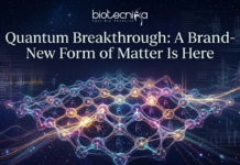 A futuristic featured image titled "Quantum Breakthrough: A Brand-New Form of Matter Is Here." The design features a glowing, complex geometric lattice structure representing a new state of matter, set against a dark cosmic background with stars and subtle scientific diagrams. The Biotecnika logo and tagline "Your Bio Resource" are positioned at the top center.