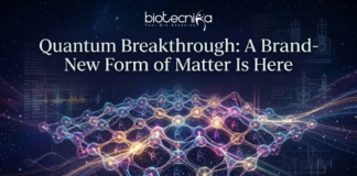 Quantum Breakthrough: A Brand-New Form of Matter Is Here A futuristic featured image titled "Quantum Breakthrough: A Brand-New Form of Matter Is Here." The design features a glowing, complex geometric lattice structure representing a new state of matter, set against a dark cosmic background with stars and subtle scientific diagrams. The Biotecnika logo and tagline "Your Bio Resource" are positioned at the top center.