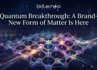 Quantum Breakthrough: A Brand-New Form of Matter Is Here A futuristic featured image titled "Quantum Breakthrough: A Brand-New Form of Matter Is Here." The design features a glowing, complex geometric lattice structure representing a new state of matter, set against a dark cosmic background with stars and subtle scientific diagrams. The Biotecnika logo and tagline "Your Bio Resource" are positioned at the top center.