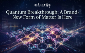 Quantum Breakthrough: A Brand-New Form of Matter Is Here A futuristic featured image titled "Quantum Breakthrough: A Brand-New Form of Matter Is Here." The design features a glowing, complex geometric lattice structure representing a new state of matter, set against a dark cosmic background with stars and subtle scientific diagrams. The Biotecnika logo and tagline "Your Bio Resource" are positioned at the top center.