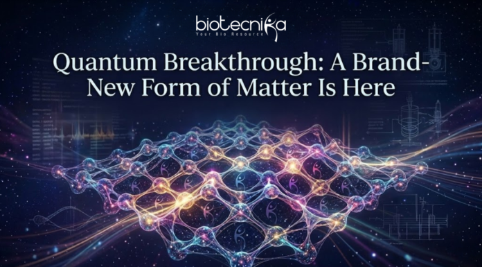 Quantum Breakthrough: A Brand-New Form of Matter Is Here A futuristic featured image titled "Quantum Breakthrough: A Brand-New Form of Matter Is Here." The design features a glowing, complex geometric lattice structure representing a new state of matter, set against a dark cosmic background with stars and subtle scientific diagrams. The Biotecnika logo and tagline "Your Bio Resource" are positioned at the top center.