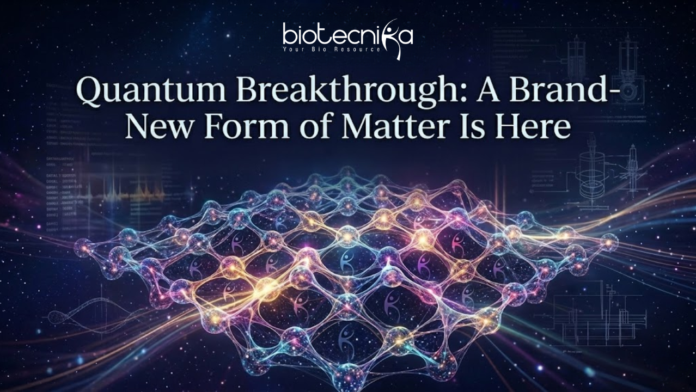 News Quantum Breakthrough A Brand-New Form of Matter Is Here A futuristic featured image titled "Quantum Breakthrough: A Brand-New Form of Matter Is Here." The design features a glowing, complex geometric lattice structure representing a new state of matter, set against a dark cosmic background with stars and subtle scientific diagrams. The Biotecnika logo and tagline "Your Bio Resource" are positioned at the top center.