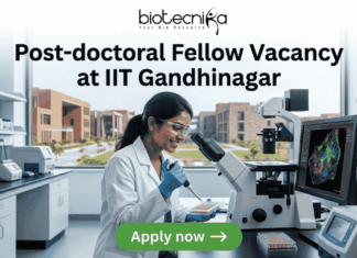 Post-doctoral Fellow Vacancy at IIT Gandhinagar | Earn Upto ₹84,000/Month Post-doctoral Fellow Vacancy at IIT Gandhinagar. A sleek featured image for "Post-doctoral Fellow Vacancy at IIT Gandhinagar." It showcases a researcher pipetting samples in a laboratory with a university campus visible through the window. The Biotecnika logo is positioned at the top, with a green "Apply now" button at the bottom.