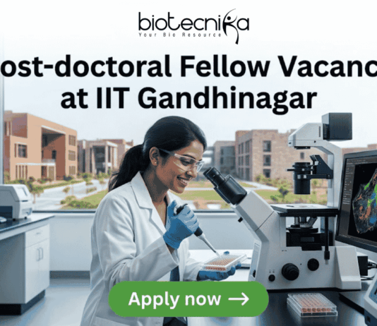 Post-doctoral Fellow Vacancy at IIT Gandhinagar. A sleek featured image for "Post-doctoral Fellow Vacancy at IIT Gandhinagar." It showcases a researcher pipetting samples in a laboratory with a university campus visible through the window. The Biotecnika logo is positioned at the top, with a green "Apply now" button at the bottom.