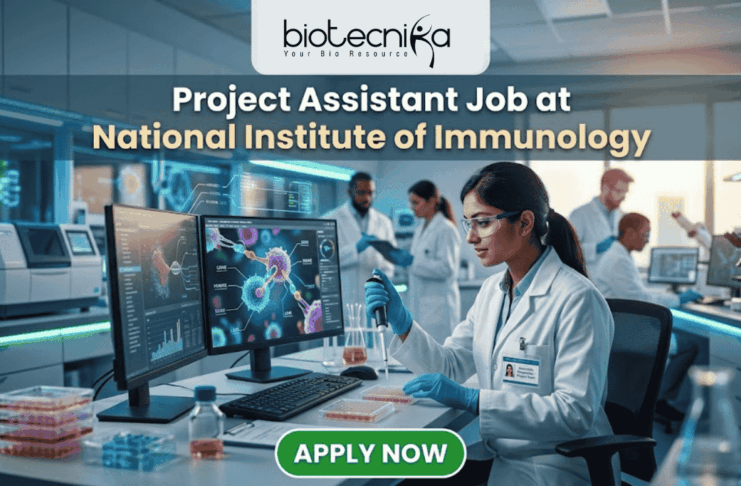 Project Assistant Job at National Institute of Immunology – Apply for Life Science Research Role Now! Project Assistant Job at National Institute of Immunology – Apply for Life Science Research Role Now! A promotional graphic for "biotecnika Your Bio Resource," set in a modern, busy laboratory environment. At the top center, the text "biotecnika Your Bio Resource" is displayed. Below it, the large headline "Project Assistant Job at National Institute of Immunology" is prominently featured in a white, sans-serif font. The main image shows a woman in a white lab coat, glasses, and blue gloves, using a pipette at a desk with dual computer monitors displaying complex molecular structures and scientific data. Other researchers work in the background. A large green button at the bottom contains the text "APPLY NOW". Various lab equipment is visible, and the overall color scheme is in blues, greens, white, and gold.