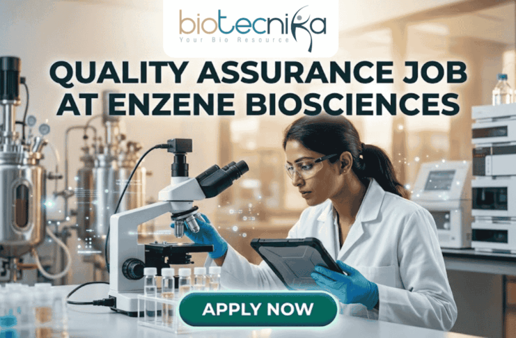 Latest Quality Assurance Job at Enzene Biosciences | Biotechnology & Microbiology Candidates Apply Now A professional promotional graphic for a Quality Assurance Job at Enzene Biosciences. At the top center is the Biotecnika Professional logo, followed by the headline "QUALITY ASSURANCE JOB AT ENZENE BIOSCIENCES" in bold, dark green lettering. The image features a female scientist in a white lab coat and safety glasses, focused on a digital tablet while working in a high-tech laboratory. The setting includes a microscope, rows of clear vials on a lab bench, and large-scale industrial bioreactors in the background. A glowing teal "APPLY NOW" button is positioned prominently at the bottom center.