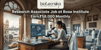 Research Associate Job at Bose Institute – Earn ₹58,000 Monthly in Top Life Science Project! A professional featured image for a job posting titled "Research Associate Job at Bose Institute" with a tagline "Earn ₹58,000 Monthly." The image depicts a female scientist in a white lab coat and glasses working with a microscope and a computer monitor displaying complex molecular structures. The setting is a majestic, classical laboratory with high arched windows and ornate architecture. Visible through the window is a scenic view of Kolkata, featuring a signature yellow taxi and a river with traditional boats. The Biotecnika logo is positioned at the top, and a prominent green "APPLY NOW" button is located at the bottom center.