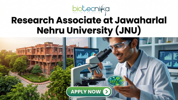 Research Associate Job at JNU Life Science Job 2026 (1) Research Associate Job at JNU Life Science Job 2026. A recruitment banner advertisement for a "Project Associate at Jawaharlal Nehru University (JNU)" position, presented by Biotecnika. At the top center, the Biotecnika "Your Bio Resource" logo is displayed. Below, large black and green text reads, "Project Associate at Jawaharlal Nehru University (JNU)". The main visual at the bottom is a detailed composite photograph blending an extensive, multi-story, red-brick university complex with a modern laboratory setting. In the distance, a sign is visible on a building that reads "IIT KANPUR", creating a text contradiction. On the right, a young woman in a lab coat and safety glasses interacts with a futuristic, transparent table-top display screen showing glowing 3D molecular structures, labeled "DNA STRUCTURE", along with charts and data graphs. In the bottom center, a prominent teal button with a mouse cursor reads "Apply Now", with a small desk plaque next to it that reads "JNU RESEARCH ASSOCIATE PROGRAM". Microscopes and lab equipment are in the background.