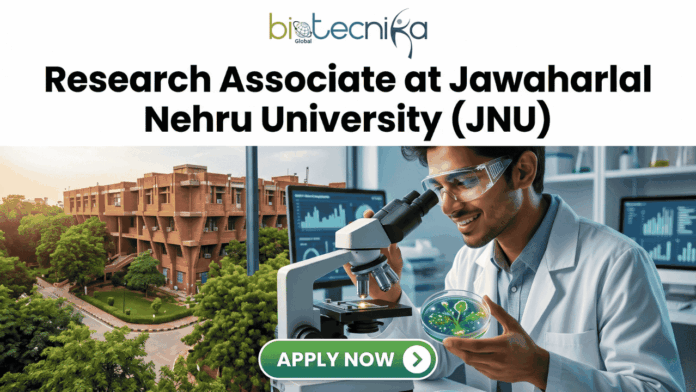 Research Associate Job at JNU Life Science Job 2026 Research Associate Job at JNU Life Science Job 2026. A recruitment banner advertisement for a "Project Associate at Jawaharlal Nehru University (JNU)" position, presented by Biotecnika. At the top center, the Biotecnika "Your Bio Resource" logo is displayed. Below, large black and green text reads, "Project Associate at Jawaharlal Nehru University (JNU)". The main visual at the bottom is a detailed composite photograph blending an extensive, multi-story, red-brick university complex with a modern laboratory setting. In the distance, a sign is visible on a building that reads "IIT KANPUR", creating a text contradiction. On the right, a young woman in a lab coat and safety glasses interacts with a futuristic, transparent table-top display screen showing glowing 3D molecular structures, labeled "DNA STRUCTURE", along with charts and data graphs. In the bottom center, a prominent teal button with a mouse cursor reads "Apply Now", with a small desk plaque next to it that reads "JNU RESEARCH ASSOCIATE PROGRAM". Microscopes and lab equipment are in the background.