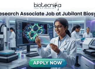 Research Associate Job at Jubilant Biosys –MSc Life Sciences Candidates Apply Today! Research Associate Job at Jubilant Biosys | Apply Now. A professional 1280x720 featured image for a job posting titled 'Research Associate Job at Jubilant Biosys.' The image features the Biotecnika logo at the top center and depicts a smiling female scientist in a white lab coat holding a multi-well plate in a high-tech, modern laboratory. The background shows advanced scientific equipment and a large monitor displaying vibrant cellular microscopy. At the bottom, there is a prominent green 'APPLY NOW' button."