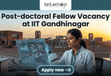 Research Associate Opportunity at IIT Gandhinaga. A featured image with a prominent heading that reads: 'Post-doctoral Fellow Vacancy at IIT Gandhinagar'. The image is divided, showing a modern university campus on the left and a female scientist in a lab coat on the right, pipetting a sample into a multi-well plate. She is interacting with a futuristic, holographic data display. The 'biotecnika Global' logo is at the top center, and a large green 'Apply now' button with an arrow is at the bottom center. The overall style is a clean, professional composite photograph.