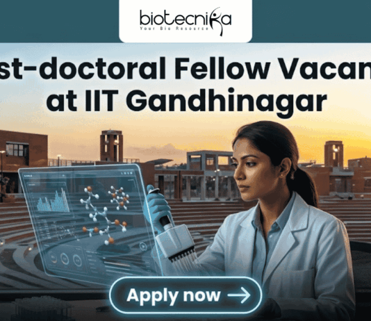 Research Associate Opportunity at IIT Gandhinaga. A featured image with a prominent heading that reads: 'Post-doctoral Fellow Vacancy at IIT Gandhinagar'. The image is divided, showing a modern university campus on the left and a female scientist in a lab coat on the right, pipetting a sample into a multi-well plate. She is interacting with a futuristic, holographic data display. The 'biotecnika Global' logo is at the top center, and a large green 'Apply now' button with an arrow is at the bottom center. The overall style is a clean, professional composite photograph.