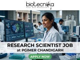 Research Scientist Job at PGIMER Chandigarh PhD in Life Sciences Candidates Apply Now. A 1280x720 image for a "Research Scientist Job at PGIMER Chandigarh." It features a smiling Indian female scientist in a lab, with the famous "Open Hand Monument" of Chandigarh visible through the window. The Biotecnika logo is at the top, the job title is centered on a white translucent bar, and a green "APPLY NOW" button is at the bottom.