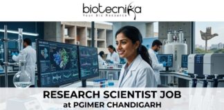 Research Scientist Job at PGIMER Chandigarh PhD in Life Sciences Candidates Apply Now. A 1280x720 image for a "Research Scientist Job at PGIMER Chandigarh." It features a smiling Indian female scientist in a lab, with the famous "Open Hand Monument" of Chandigarh visible through the window. The Biotecnika logo is at the top, the job title is centered on a white translucent bar, and a green "APPLY NOW" button is at the bottom.