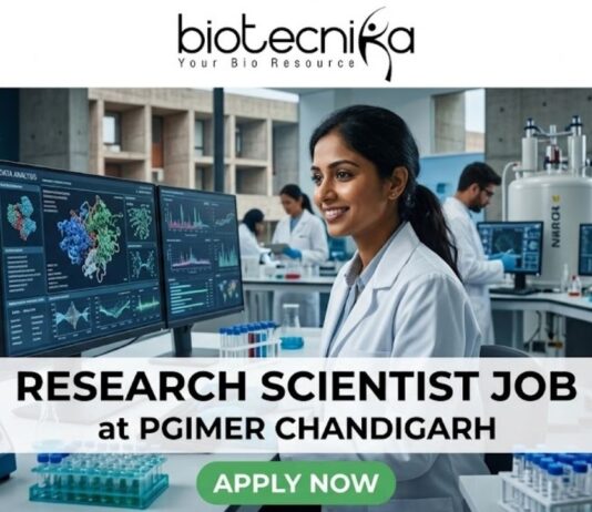 Research Scientist Job at PGIMER Chandigarh PhD in Life Sciences Candidates Apply Now. A 1280x720 image for a "Research Scientist Job at PGIMER Chandigarh." It features a smiling Indian female scientist in a lab, with the famous "Open Hand Monument" of Chandigarh visible through the window. The Biotecnika logo is at the top, the job title is centered on a white translucent bar, and a green "APPLY NOW" button is at the bottom.