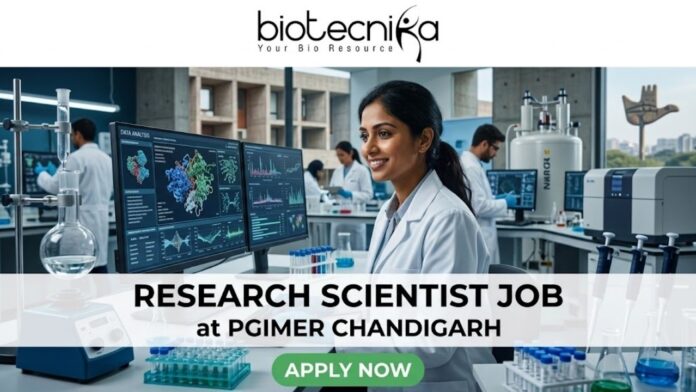 Research Scientist Job at PGIMER Chandigarh PhD in Life Sciences Candidates Apply Now Research Scientist Job at PGIMER Chandigarh PhD in Life Sciences Candidates Apply Now. A 1280x720 image for a "Research Scientist Job at PGIMER Chandigarh." It features a smiling Indian female scientist in a lab, with the famous "Open Hand Monument" of Chandigarh visible through the window. The Biotecnika logo is at the top, the job title is centered on a white translucent bar, and a green "APPLY NOW" button is at the bottom.