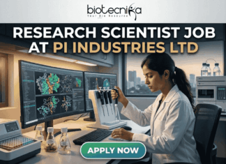 Research Scientist Role in Molecular Biology at PI Industries Ltd – Apply Now! Research Scientist Job at PI Industries Ltd Hyderabad Apply Now. A featured image graphic for a biotechnology research scientist job listing. At the top, the biotecnika "Your Bio Resource" logo is displayed. Below, large bold text in white and gold reads "RESEARCH SCIENTIST JOB AT PI INDUSTRIES LTD". The central image is a realistic photograph of a focused young female Indian scientist in a lab coat, operating a multi-channel pipette station. Her curved multi-monitor setup displays stunning, unique multi-color molecular pathway and docking visualizations. The modern research lab around her includes advanced equipment, tissue cultures, and unique labeled plant samples. Through a large window in the background, a view of an Indian city skyline (like Bengaluru or Ahmedabad) during a warm sunset creates a relatable, scroll-stopping setting. At the bottom center, a rounded gradient green-to-blue "APPLY NOW" button provides a clear call to action. The entire composition is realistic and visually attractive.