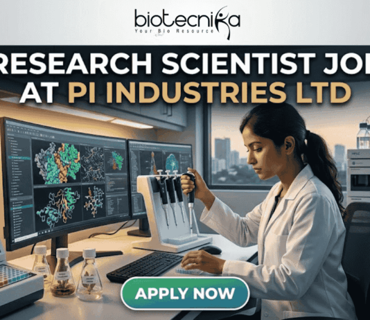 Research Scientist Job at PI Industries Ltd Hyderabad Apply Now. A featured image graphic for a biotechnology research scientist job listing. At the top, the biotecnika "Your Bio Resource" logo is displayed. Below, large bold text in white and gold reads "RESEARCH SCIENTIST JOB AT PI INDUSTRIES LTD". The central image is a realistic photograph of a focused young female Indian scientist in a lab coat, operating a multi-channel pipette station. Her curved multi-monitor setup displays stunning, unique multi-color molecular pathway and docking visualizations. The modern research lab around her includes advanced equipment, tissue cultures, and unique labeled plant samples. Through a large window in the background, a view of an Indian city skyline (like Bengaluru or Ahmedabad) during a warm sunset creates a relatable, scroll-stopping setting. At the bottom center, a rounded gradient green-to-blue "APPLY NOW" button provides a clear call to action. The entire composition is realistic and visually attractive.