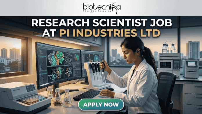 Research Scientist Job at PI Industries Ltd Hyderabad Apply Now. A featured image graphic for a biotechnology research scientist job listing. At the top, the biotecnika "Your Bio Resource" logo is displayed. Below, large bold text in white and gold reads "RESEARCH SCIENTIST JOB AT PI INDUSTRIES LTD". The central image is a realistic photograph of a focused young female Indian scientist in a lab coat, operating a multi-channel pipette station. Her curved multi-monitor setup displays stunning, unique multi-color molecular pathway and docking visualizations. The modern research lab around her includes advanced equipment, tissue cultures, and unique labeled plant samples. Through a large window in the background, a view of an Indian city skyline (like Bengaluru or Ahmedabad) during a warm sunset creates a relatable, scroll-stopping setting. At the bottom center, a rounded gradient green-to-blue "APPLY NOW" button provides a clear call to action. The entire composition is realistic and visually attractive.