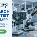 Research Scientist Vacancy at PGIMER Earn Upto ₹56,000. A featured image for a job page with a clean, professional layout. On the left side, against a light blue and white background, the Biotecnika logo is at the top, followed by the bold blue text "RESEARCH SCIENTIST at PGIMER" and a tagline "A Premier Institute for Medical Innovation." At the bottom left is a green "APPLY NOW" button. The right side of the image features a realistic, high-quality photo of a female scientist in a white lab coat and safety glasses working with a pipette in a modern laboratory. In the background, large computer monitors display vibrant, detailed microscopic imaging of cell structures.