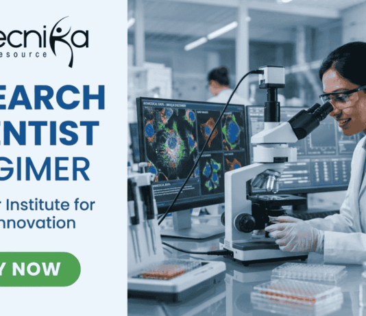 Research Scientist Vacancy at PGIMER Earn Upto ₹56,000. A featured image for a job page with a clean, professional layout. On the left side, against a light blue and white background, the Biotecnika logo is at the top, followed by the bold blue text "RESEARCH SCIENTIST at PGIMER" and a tagline "A Premier Institute for Medical Innovation." At the bottom left is a green "APPLY NOW" button. The right side of the image features a realistic, high-quality photo of a female scientist in a white lab coat and safety glasses working with a pipette in a modern laboratory. In the background, large computer monitors display vibrant, detailed microscopic imaging of cell structures.