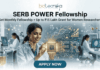 SERB POWER Fellowship – Get Monthly Fellowship + Up to ₹15 Lakh Grant for Women Researchers A promotional featured image for the SERB POWER Fellowship, featuring the Biotecnika logo at the top center. The main headline reads "SERB POWER Fellowship" with the sub-tagline "Get Monthly Fellowship + Up to ₹15 Lakh Grant for Women Researchers." The image depicts a smiling female scientist in a white lab coat interacting with a glowing, futuristic digital interface in a high-tech laboratory. In the center, a holographic circuit chip glows with the word "POWER". The background shows a clean, modern lab setting with other women researchers, advanced lab equipment like a bioreactor, and computer screens displaying molecular data and currency symbols. At the bottom center is a prominent teal "APPLY NOW" button.