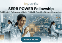 SERB POWER Fellowship – Get Monthly Fellowship + Up to ₹15 Lakh Grant for Women Researchers A promotional featured image for the SERB POWER Fellowship, featuring the Biotecnika logo at the top center. The main headline reads "SERB POWER Fellowship" with the sub-tagline "Get Monthly Fellowship + Up to ₹15 Lakh Grant for Women Researchers." The image depicts a smiling female scientist in a white lab coat interacting with a glowing, futuristic digital interface in a high-tech laboratory. In the center, a holographic circuit chip glows with the word "POWER". The background shows a clean, modern lab setting with other women researchers, advanced lab equipment like a bioreactor, and computer screens displaying molecular data and currency symbols. At the bottom center is a prominent teal "APPLY NOW" button.