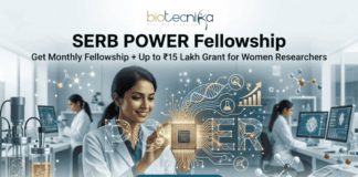SERB POWER Fellowship – Get Monthly Fellowship + Up to ₹15 Lakh Grant for Women Researchers A promotional featured image for the SERB POWER Fellowship, featuring the Biotecnika logo at the top center. The main headline reads "SERB POWER Fellowship" with the sub-tagline "Get Monthly Fellowship + Up to ₹15 Lakh Grant for Women Researchers." The image depicts a smiling female scientist in a white lab coat interacting with a glowing, futuristic digital interface in a high-tech laboratory. In the center, a holographic circuit chip glows with the word "POWER". The background shows a clean, modern lab setting with other women researchers, advanced lab equipment like a bioreactor, and computer screens displaying molecular data and currency symbols. At the bottom center is a prominent teal "APPLY NOW" button.