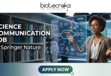 Springer Nature Hiring NOW! Science Communication Job You Can’t Miss Science Communication Job at Springer Nature Don't Miss It. A professional featured image for a "Science Communication Job at Springer Nature." The layout features the Biotecnika logo at the top and a prominent "Apply Now" button at the bottom. To the right, a professional woman in a modern setting interacts with a glowing, futuristic DNA and CRISPR hologram, symbolizing science communication. Large, bold text on the left reads "SCIENCE COMMUNICATION JOB at Springer Nature.