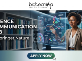 Springer Nature Hiring NOW! Science Communication Job You Can’t Miss Science Communication Job at Springer Nature Don't Miss It. A professional featured image for a "Science Communication Job at Springer Nature." The layout features the Biotecnika logo at the top and a prominent "Apply Now" button at the bottom. To the right, a professional woman in a modern setting interacts with a glowing, futuristic DNA and CRISPR hologram, symbolizing science communication. Large, bold text on the left reads "SCIENCE COMMUNICATION JOB at Springer Nature.