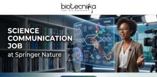 Springer Nature Hiring NOW! Science Communication Job You Can’t Miss Science Communication Job at Springer Nature Don't Miss It. A professional featured image for a "Science Communication Job at Springer Nature." The layout features the Biotecnika logo at the top and a prominent "Apply Now" button at the bottom. To the right, a professional woman in a modern setting interacts with a glowing, futuristic DNA and CRISPR hologram, symbolizing science communication. Large, bold text on the left reads "SCIENCE COMMUNICATION JOB at Springer Nature.