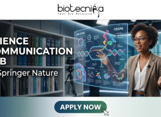 Springer Nature Hiring NOW! Science Communication Job You Can’t Miss Science Communication Job at Springer Nature Don't Miss It. A professional featured image for a "Science Communication Job at Springer Nature." The layout features the Biotecnika logo at the top and a prominent "Apply Now" button at the bottom. To the right, a professional woman in a modern setting interacts with a glowing, futuristic DNA and CRISPR hologram, symbolizing science communication. Large, bold text on the left reads "SCIENCE COMMUNICATION JOB at Springer Nature.