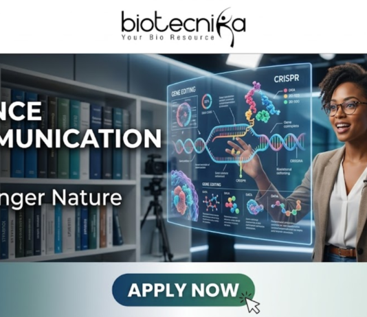 Springer Nature Hiring NOW! Science Communication Job You Can’t Miss Science Communication Job at Springer Nature Don't Miss It. A professional featured image for a "Science Communication Job at Springer Nature." The layout features the Biotecnika logo at the top and a prominent "Apply Now" button at the bottom. To the right, a professional woman in a modern setting interacts with a glowing, futuristic DNA and CRISPR hologram, symbolizing science communication. Large, bold text on the left reads "SCIENCE COMMUNICATION JOB at Springer Nature.