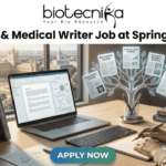 Scientific & Medical Writer Job at Springer Nature | Life Sciences Candidates Apply Online! Scientific & Medical Writer Job at Springer Nature Pune. A professional featured image for a job post titled "Scientific & Medical Writer Job at Springer Nature." The image depicts a woman working on a laptop at a wooden desk in a bright office. To her left is a stack of scientific books like "Methods in Molecular Biology," and to her right is a unique digital tree graphic displaying icons for "Bio Science Review" and "Clinical Data Studies." A historic university campus is visible through the window in the background. The Biotecnika logo is positioned at the top, and a blue "Apply Now" button is at the bottom center.