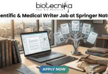 Scientific & Medical Writer Job at Springer Nature | Life Sciences Candidates Apply Online! Scientific & Medical Writer Job at Springer Nature Pune. A professional featured image for a job post titled "Scientific & Medical Writer Job at Springer Nature." The image depicts a woman working on a laptop at a wooden desk in a bright office. To her left is a stack of scientific books like "Methods in Molecular Biology," and to her right is a unique digital tree graphic displaying icons for "Bio Science Review" and "Clinical Data Studies." A historic university campus is visible through the window in the background. The Biotecnika logo is positioned at the top, and a blue "Apply Now" button is at the bottom center.
