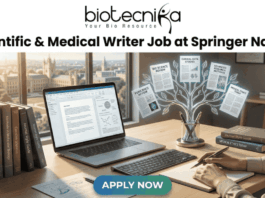 Scientific & Medical Writer Job at Springer Nature Pune. A professional featured image for a job post titled "Scientific & Medical Writer Job at Springer Nature." The image depicts a woman working on a laptop at a wooden desk in a bright office. To her left is a stack of scientific books like "Methods in Molecular Biology," and to her right is a unique digital tree graphic displaying icons for "Bio Science Review" and "Clinical Data Studies." A historic university campus is visible through the window in the background. The Biotecnika logo is positioned at the top, and a blue "Apply Now" button is at the bottom center.