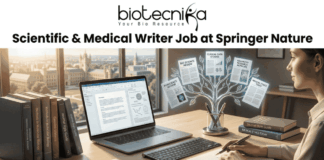 Scientific & Medical Writer Job at Springer Nature Pune. A professional featured image for a job post titled "Scientific & Medical Writer Job at Springer Nature." The image depicts a woman working on a laptop at a wooden desk in a bright office. To her left is a stack of scientific books like "Methods in Molecular Biology," and to her right is a unique digital tree graphic displaying icons for "Bio Science Review" and "Clinical Data Studies." A historic university campus is visible through the window in the background. The Biotecnika logo is positioned at the top, and a blue "Apply Now" button is at the bottom center.