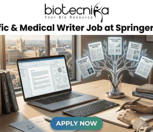 Scientific & Medical Writer Job at Springer Nature Pune. A professional featured image for a job post titled "Scientific & Medical Writer Job at Springer Nature." The image depicts a woman working on a laptop at a wooden desk in a bright office. To her left is a stack of scientific books like "Methods in Molecular Biology," and to her right is a unique digital tree graphic displaying icons for "Bio Science Review" and "Clinical Data Studies." A historic university campus is visible through the window in the background. The Biotecnika logo is positioned at the top, and a blue "Apply Now" button is at the bottom center.
