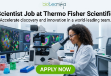 Scientist Job at Thermo Fisher Scientific | High-Paying R&D Role. A professional featured image for a "Scientist Job at Thermo Fisher Scientific." The visual shows a female scientist in a white lab coat, smiling and working with a microscope in a high-tech laboratory. In the background, large computer monitors display colorful, high-resolution cellular imaging. The Biotecnika logo is positioned at the top, and a prominent green "APPLY NOW" button is at the bottom center.