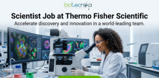 Scientist Job at Thermo Fisher Scientific | High-Paying R&D Role. A professional featured image for a "Scientist Job at Thermo Fisher Scientific." The visual shows a female scientist in a white lab coat, smiling and working with a microscope in a high-tech laboratory. In the background, large computer monitors display colorful, high-resolution cellular imaging. The Biotecnika logo is positioned at the top, and a prominent green "APPLY NOW" button is at the bottom center.